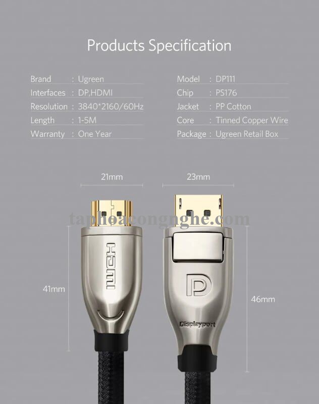 Ugreen 40436 5M Màu Đen Cáp chuyển đổi Displayport 1.2 sang HDMI 2.0 cao cấp DP111 30040436